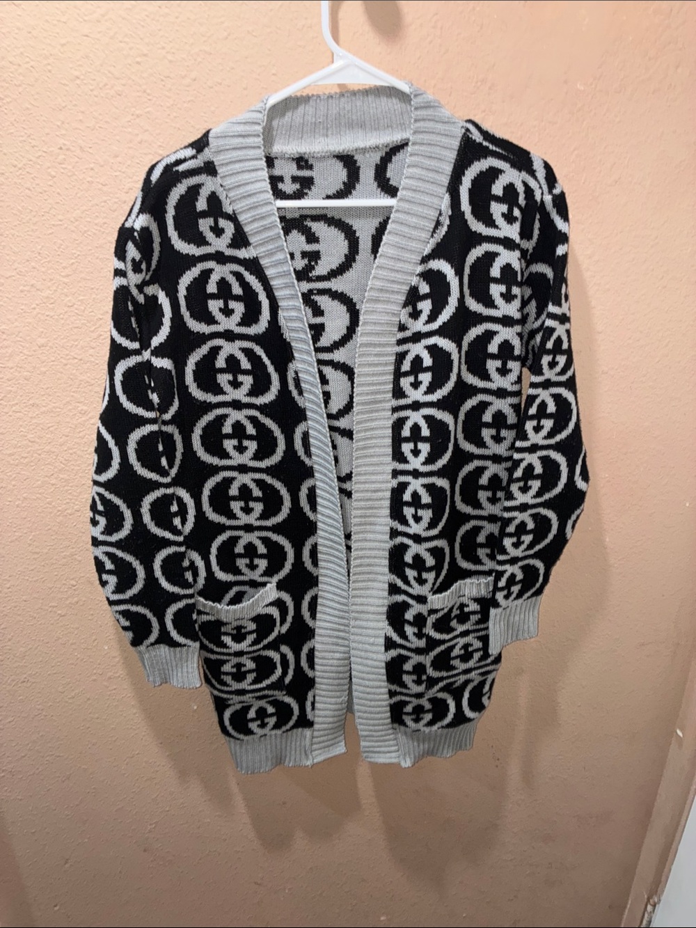 Designer-Inspired Black and Gray Patterned Cardigan Sweater